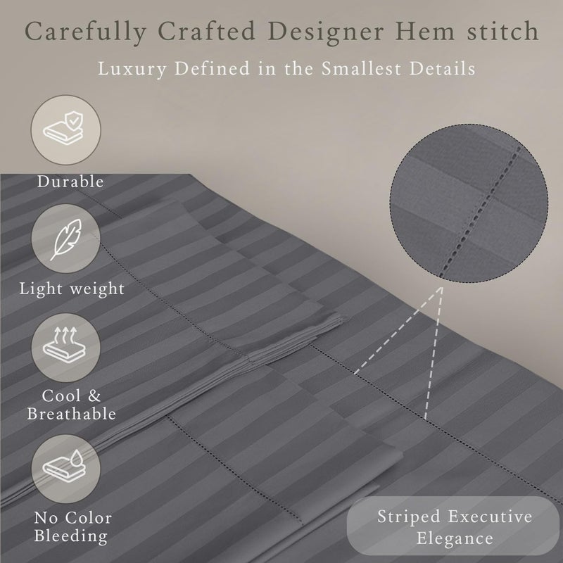 Threadmill 500 Thread Count Queen Size Damask Stripe, 4 Pc Luxury Cotton Sheet Set, Silky Smooth Dark Grey Sheets with 16" Elasticized Deep Pocket, 2 Pillowcases & Free Tote Bag - Image 4